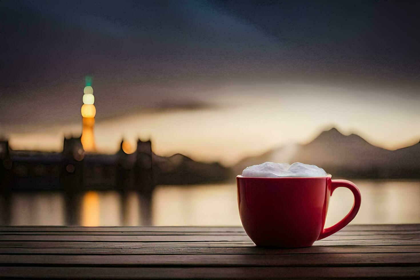 a red cup of coffee on a wooden table with a view of a lake. AI-Generated photo
