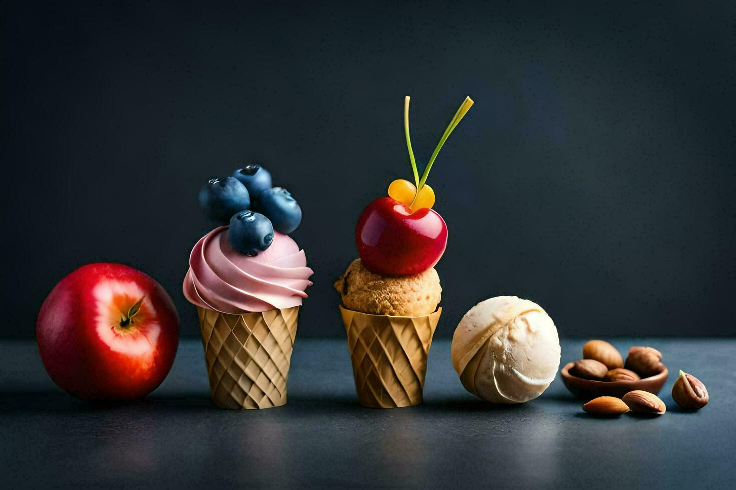 Tres hielo crema conos con diferente tipos de fruta. generado por ai foto