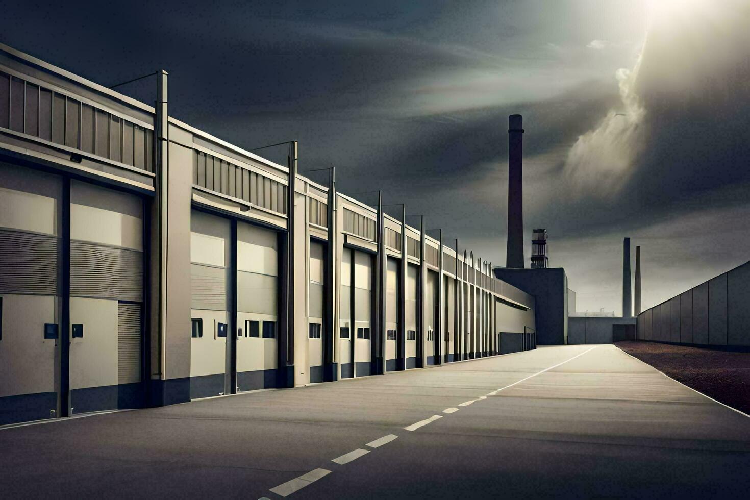 un largo vacío industrial edificio con oscuro nubes en el cielo. generado por ai foto