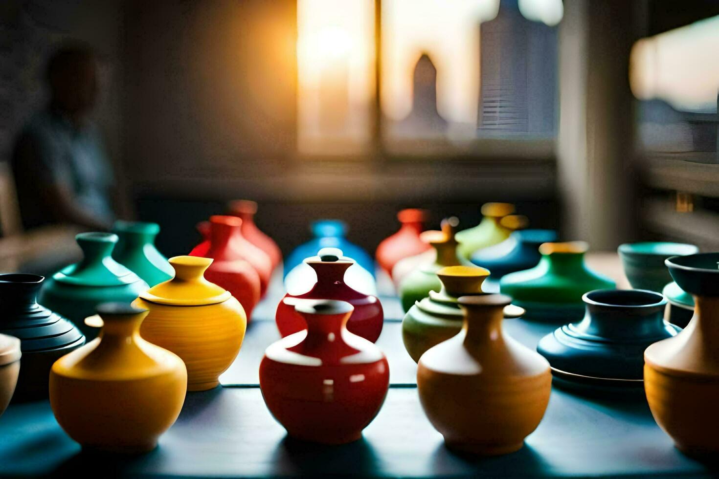 a table with many colorful vases on it. AI-Generated photo