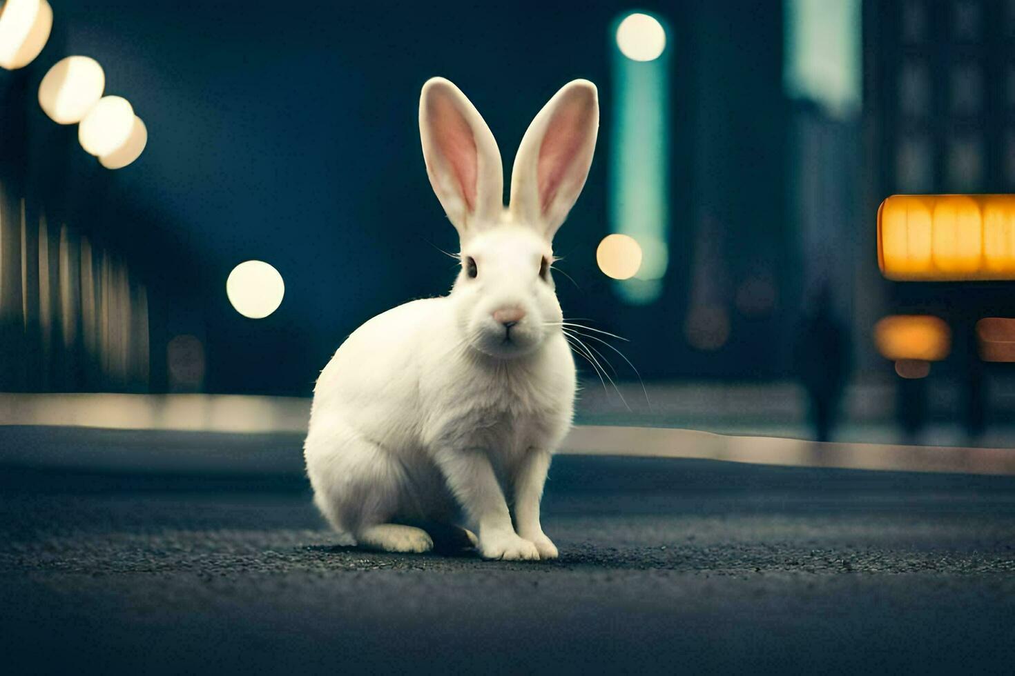 white rabbit sitting on the road at night. AI-Generated photo