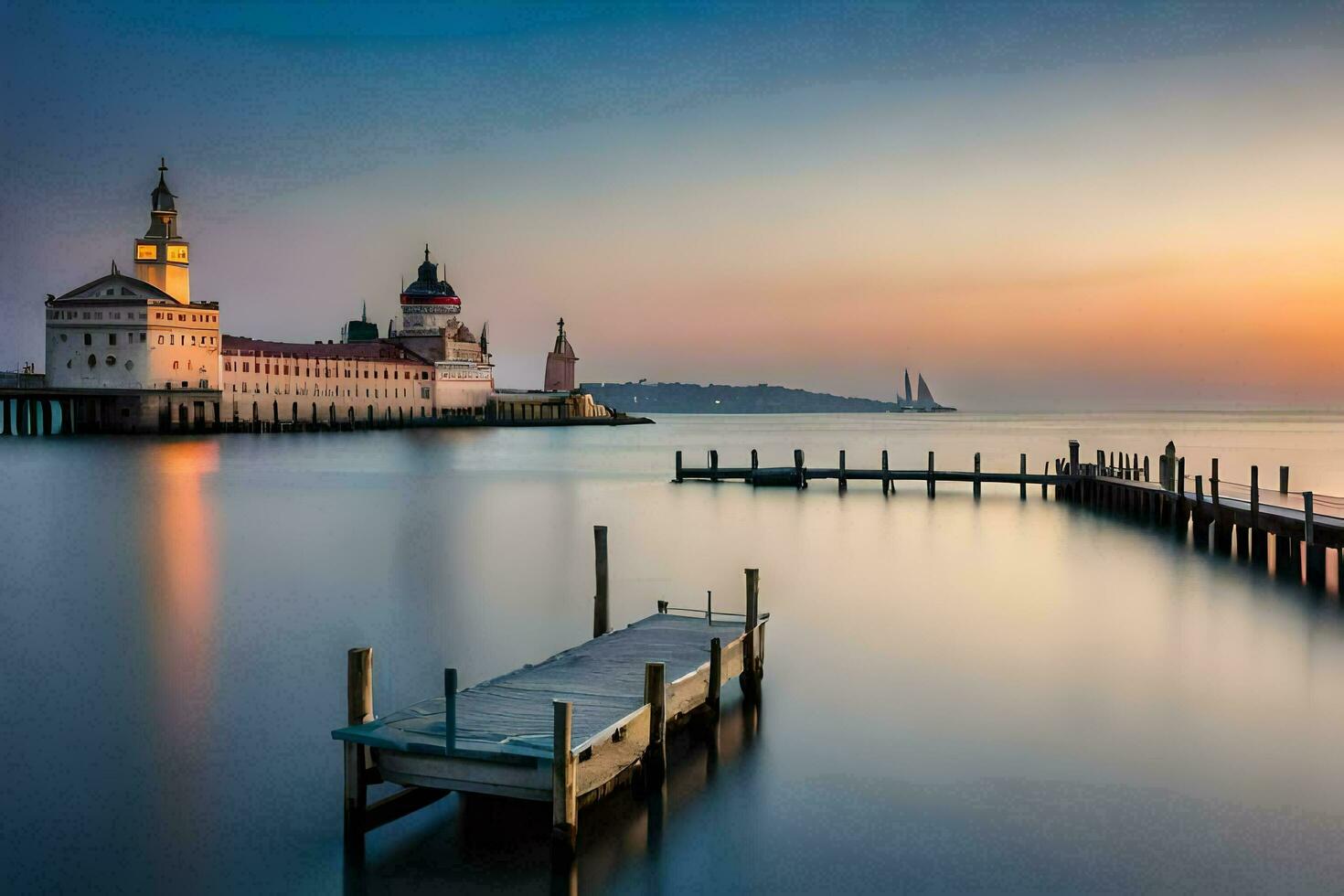 a pier with a church and a dock at sunset. AI-Generated photo