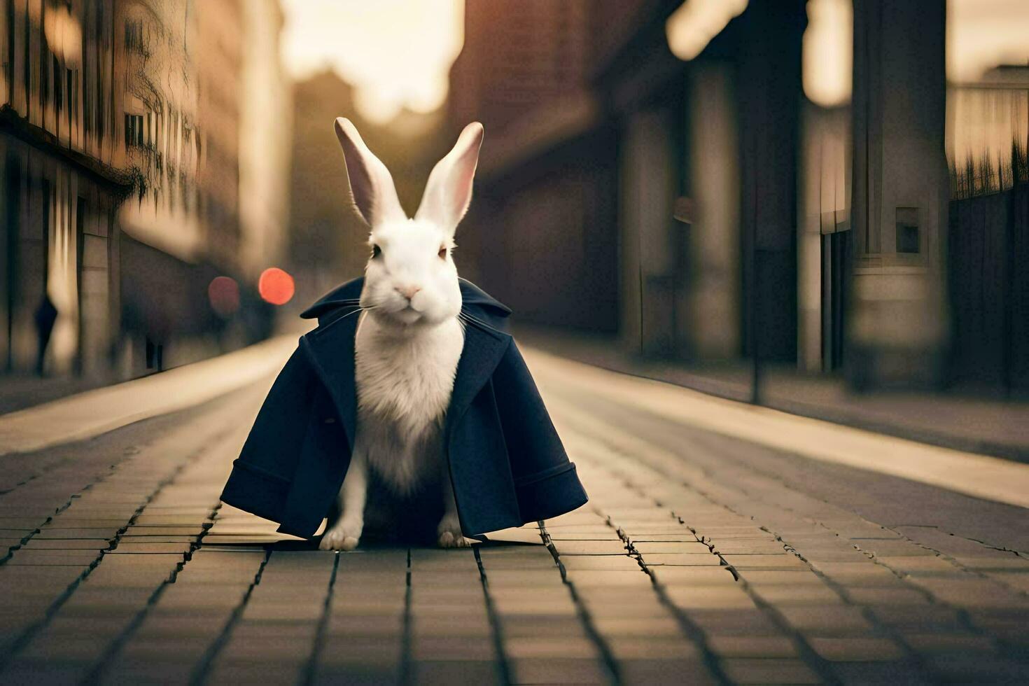 a rabbit wearing a coat and sitting on the street. AI-Generated photo