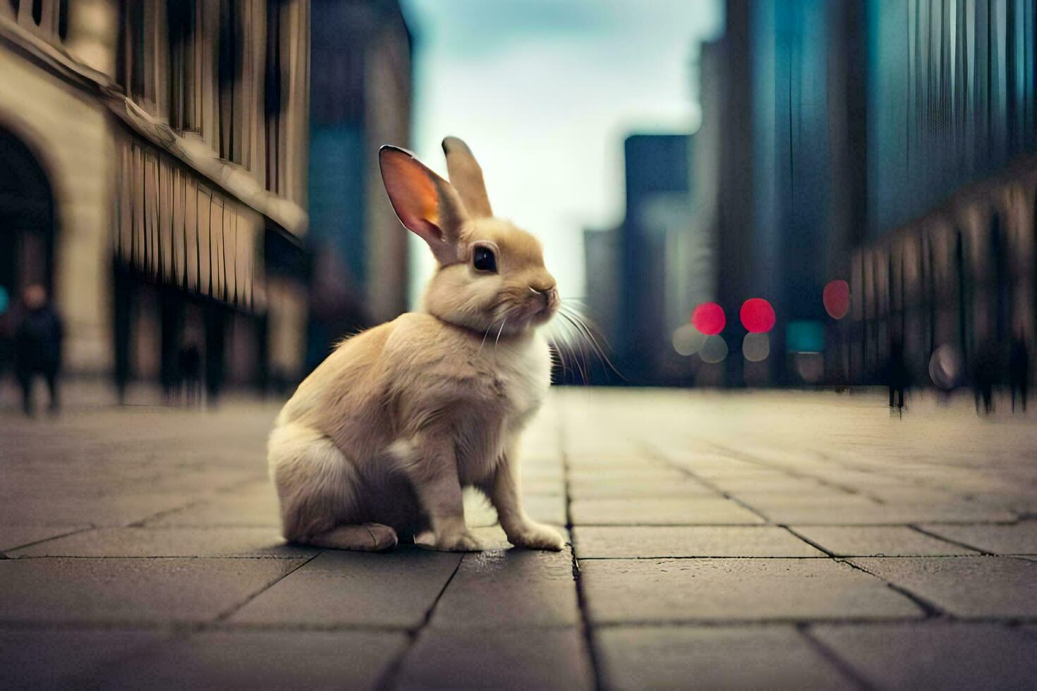 a rabbit sitting on the ground in a city. AI-Generated photo