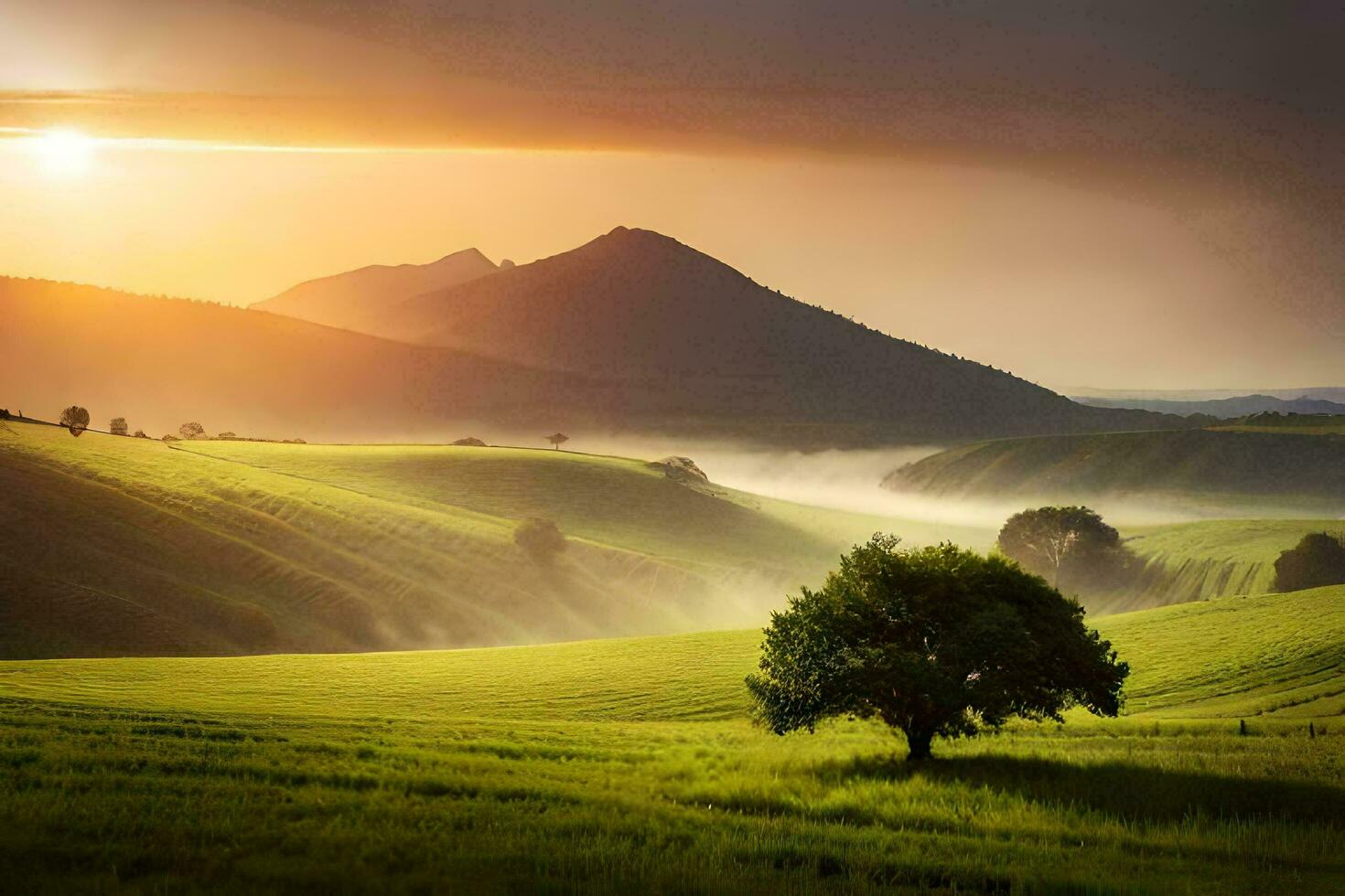 a lone tree in a green field with mountains in the background. AI-Generated photo