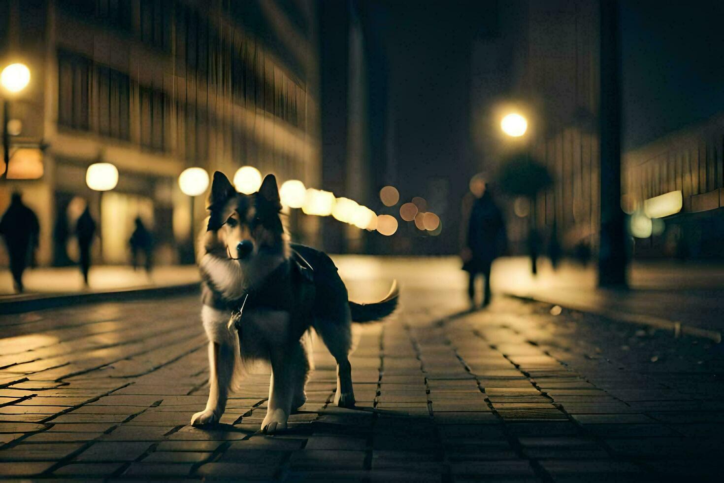 un perro es en pie en un calle a noche. generado por ai foto