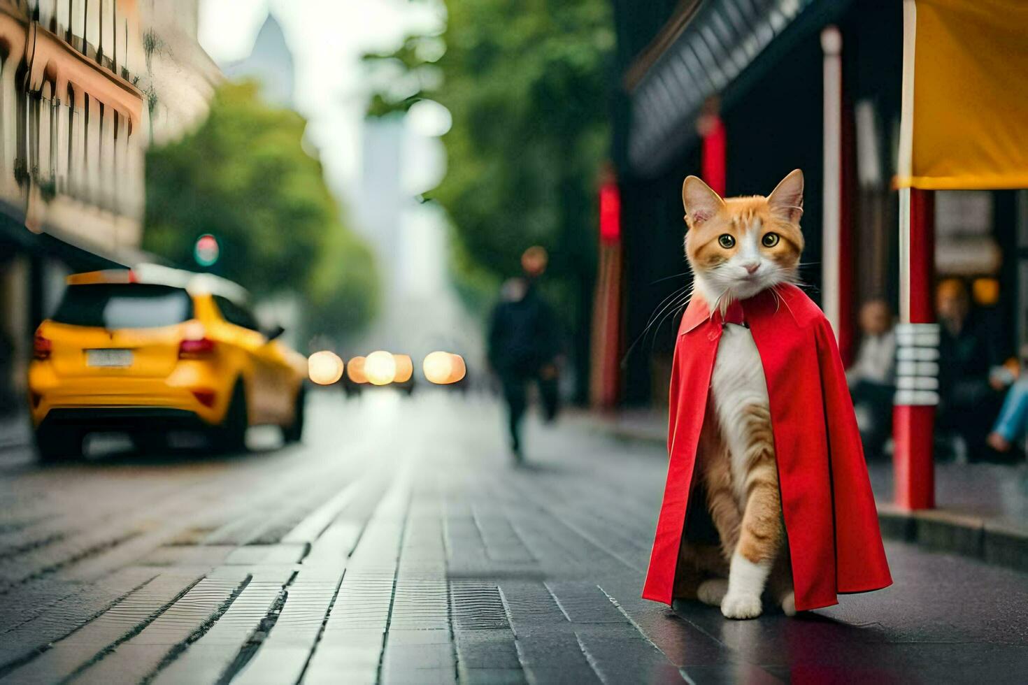 a cat wearing a red cape on the street. AI-Generated photo