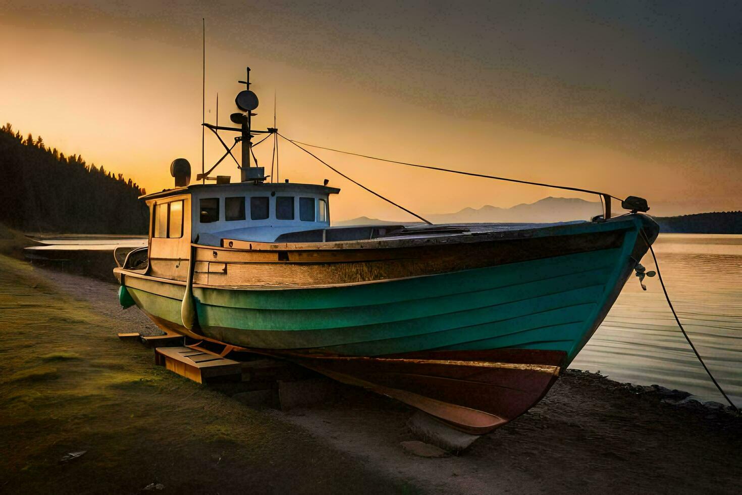 a boat sits on the shore at sunset. AI-Generated photo