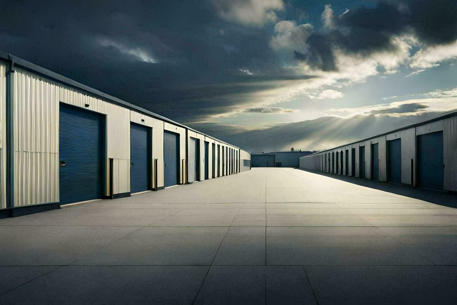 a row of storage units with a sky background. AI-Generated photo