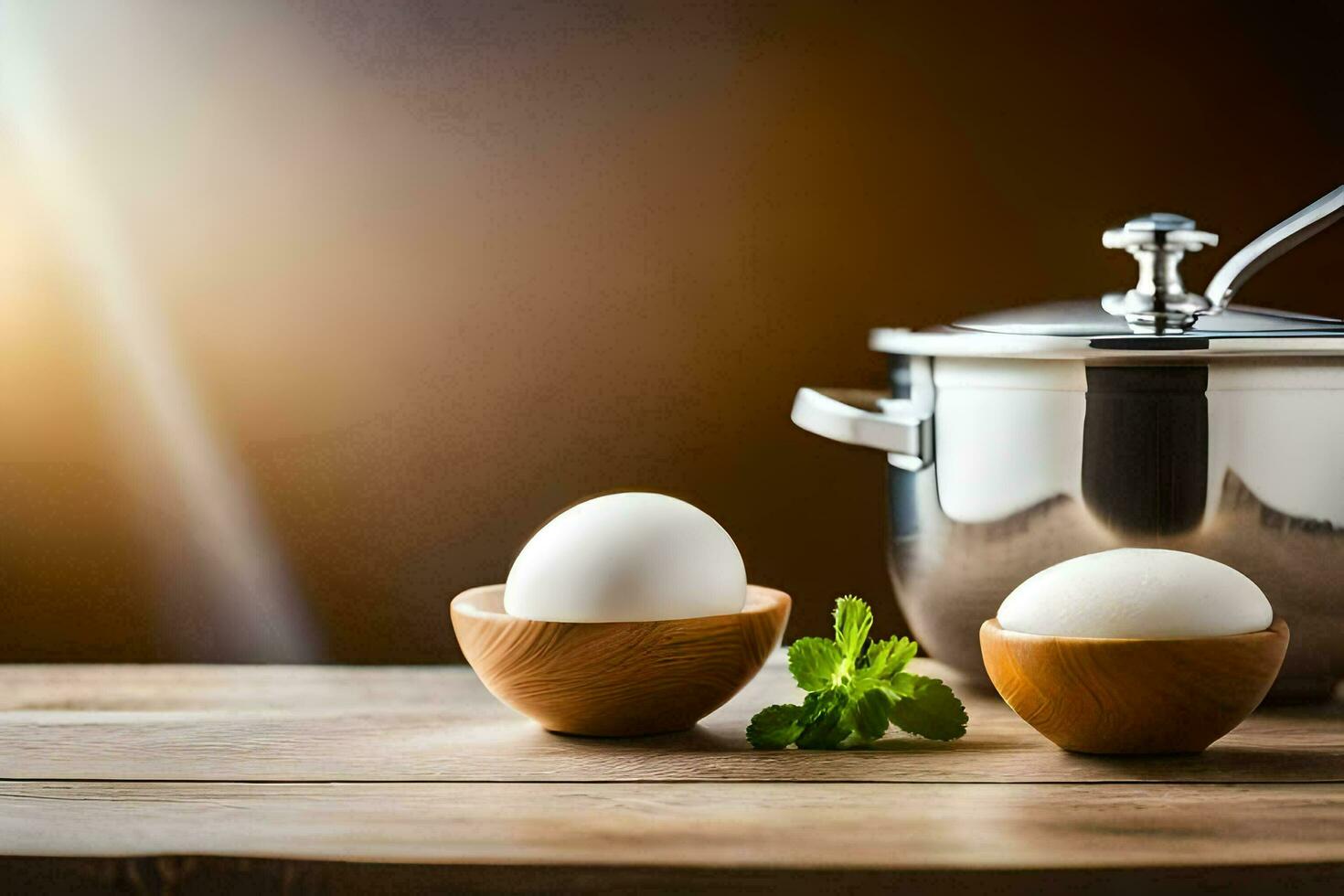 eggs in wooden bowls on a wooden table. AI-Generated photo