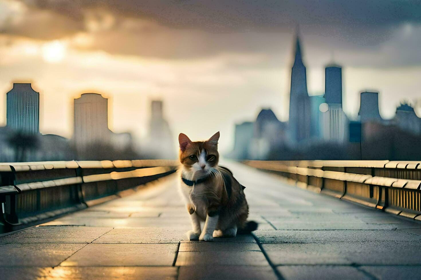 a cat sitting on a bridge with a city in the background. AI-Generated photo