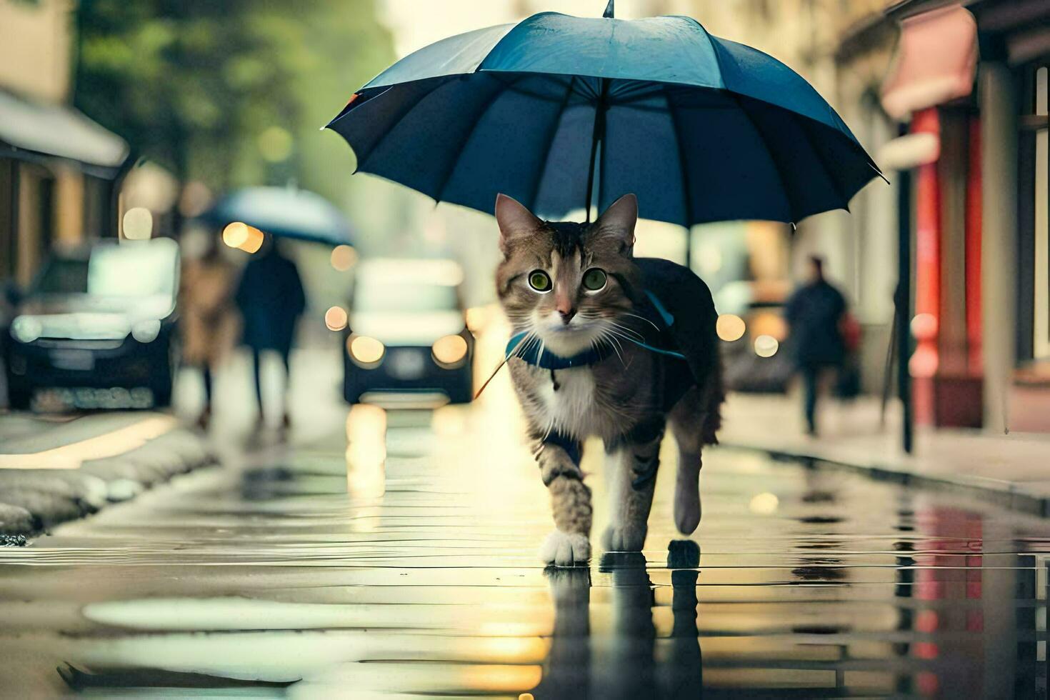 un gato caminando en un mojado calle con un sombrilla. generado por ai foto