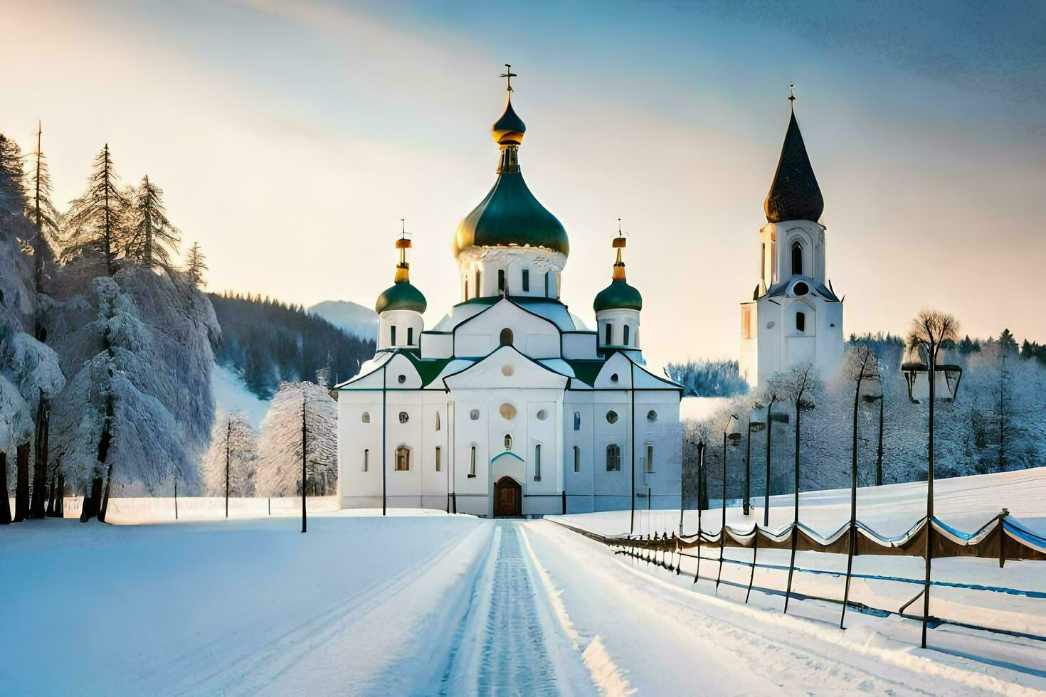 a snowy road leads to a church in the mountains. AI-Generated photo