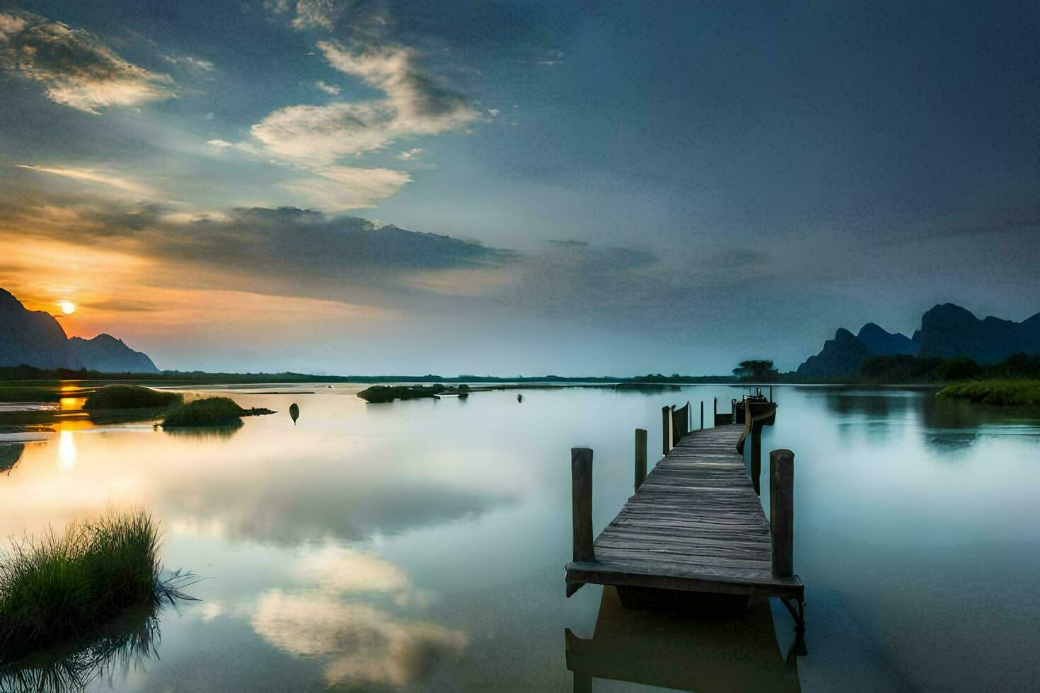 a wooden pier in the middle of a lake at sunset. AI-Generated photo