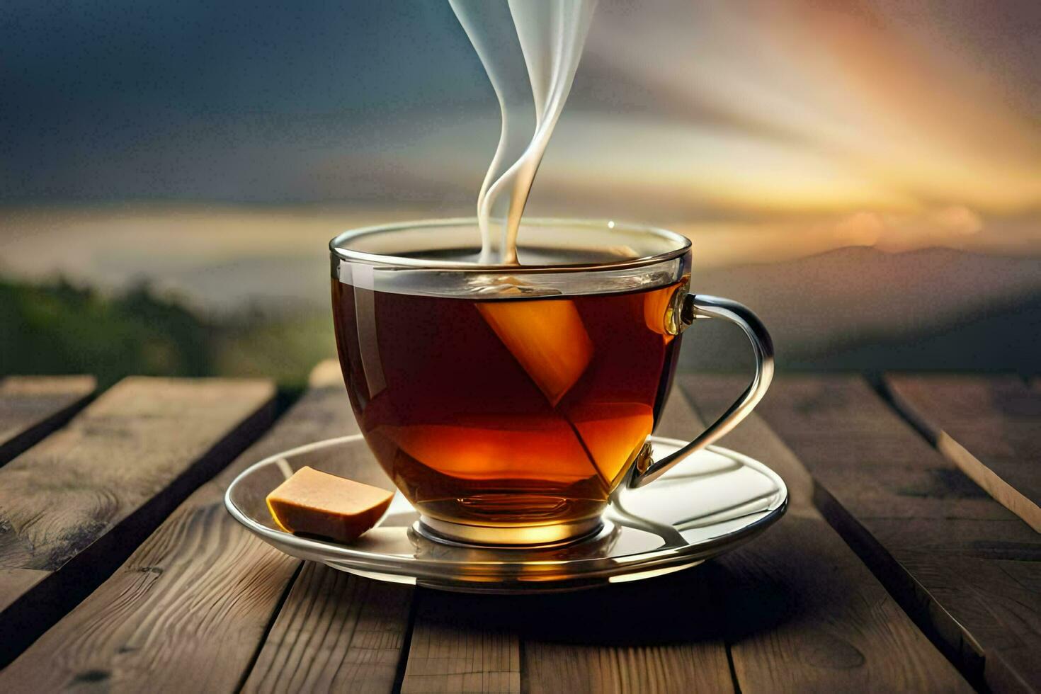a cup of tea on a wooden table. AI-Generated photo
