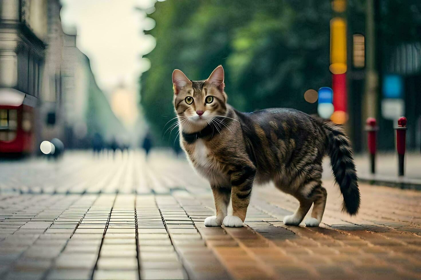 a cat is standing on a brick road in front of a red bus. AI-Generated photo