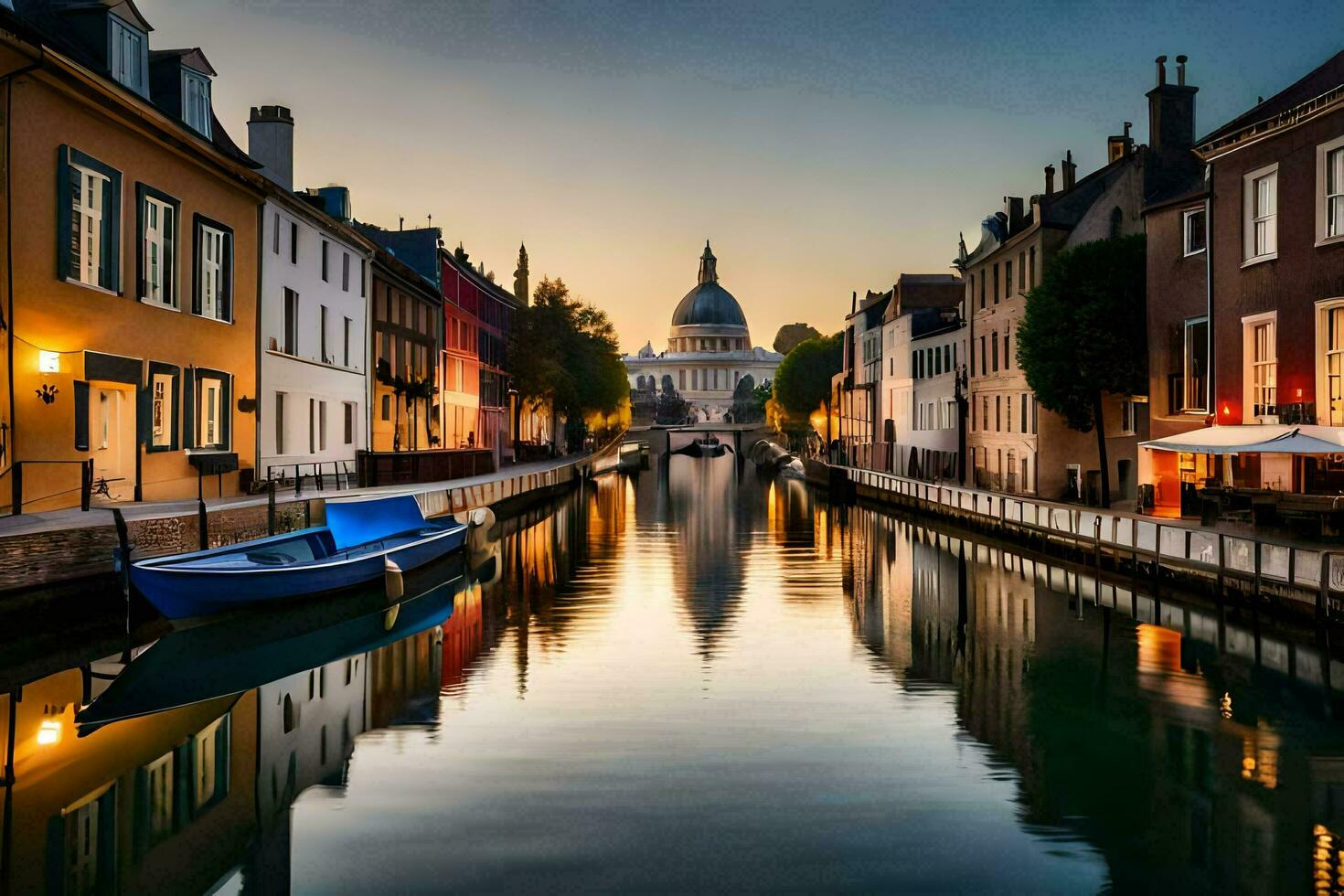 a canal in the middle of a city with buildings and boats. AI-Generated photo