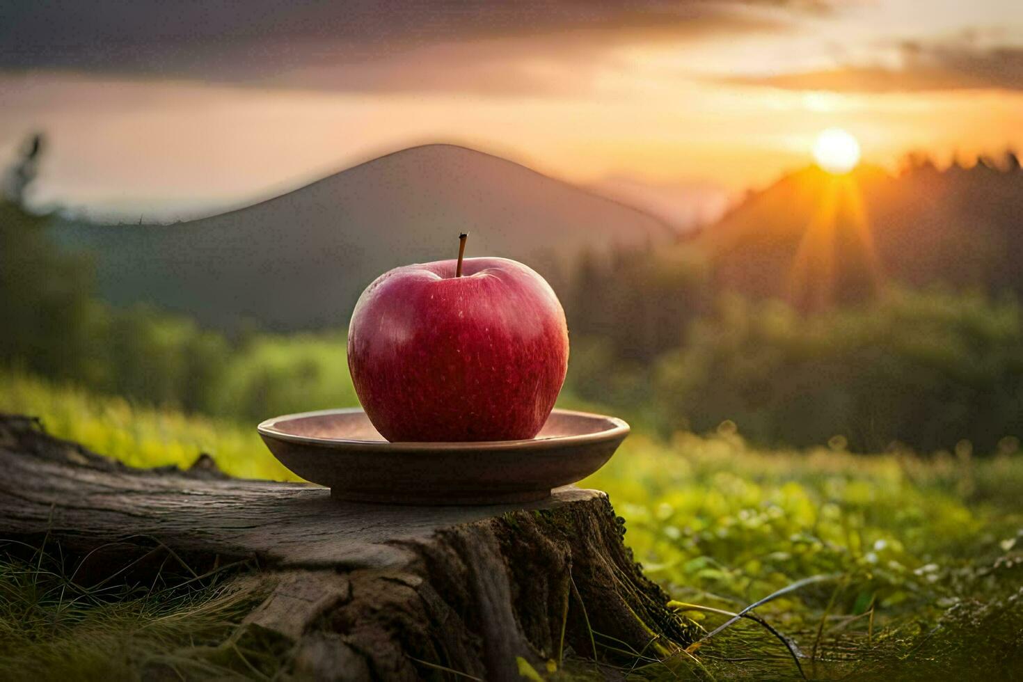 apple on a stump in the sunset. AI-Generated photo