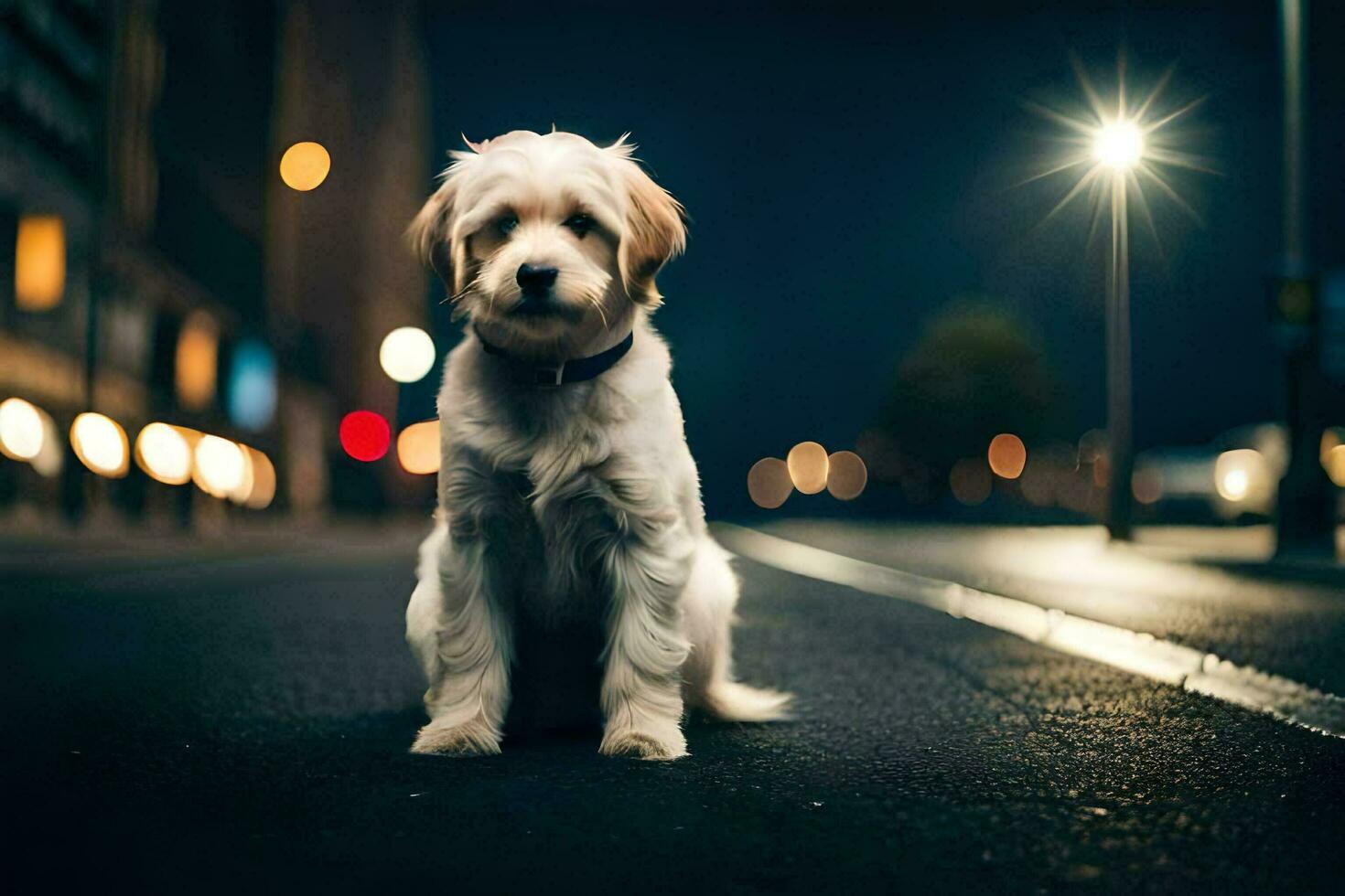 a dog sitting on the street at night. AI-Generated photo