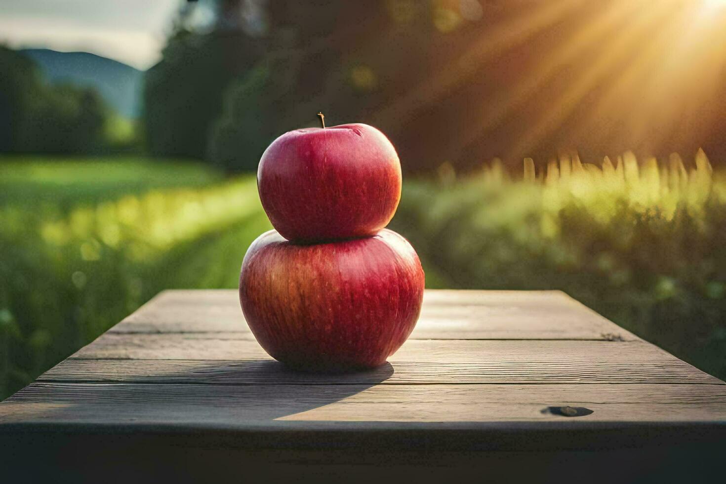 two apples stacked on top of each other on a wooden table. AI-Generated photo