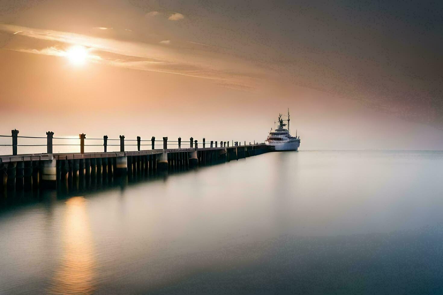 a boat is docked at the end of a pier at sunrise. AI-Generated photo