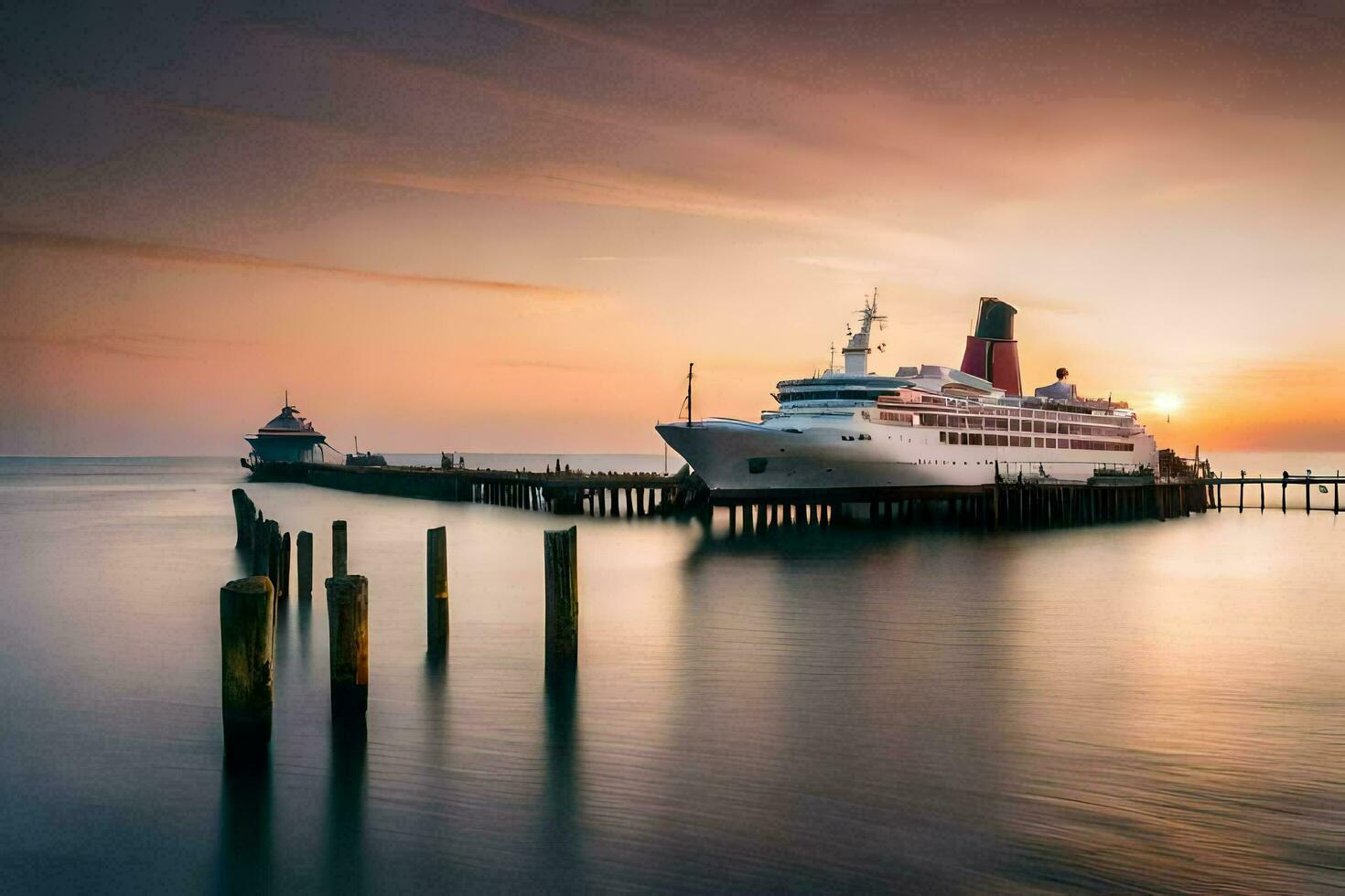 a cruise ship docked at the pier at sunset. AI-Generated photo