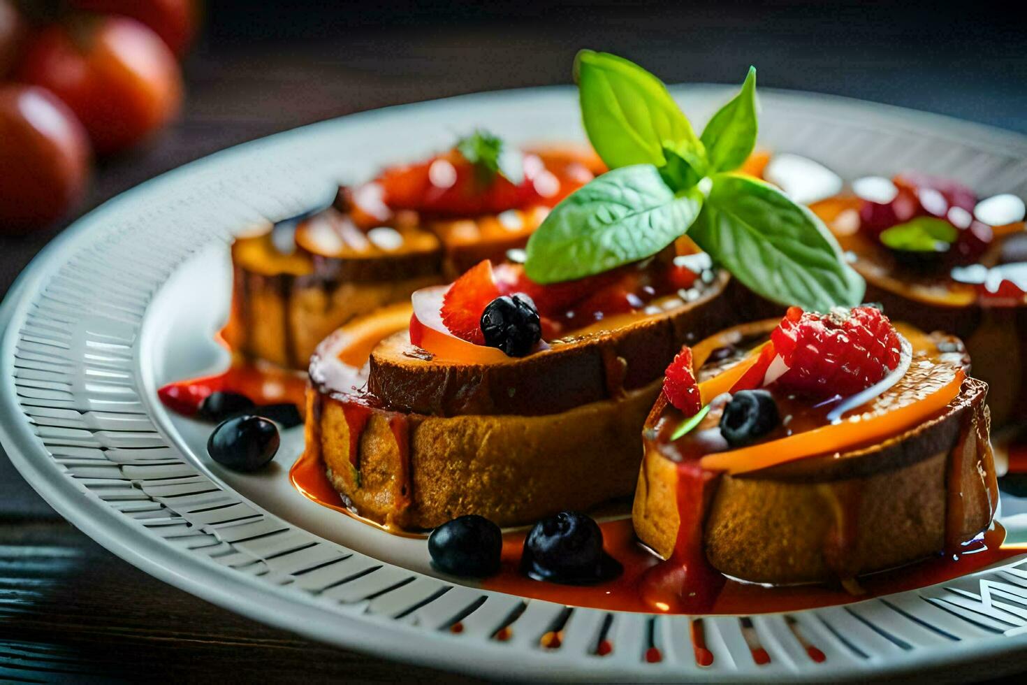 a plate topped with slices of bread with fruit and sauce. AI-Generated photo