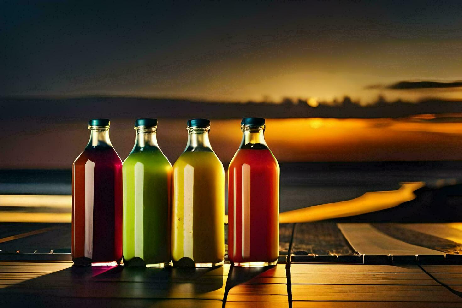 Tres botellas de jugo sentado en un mesa en frente de el océano. generado por ai foto