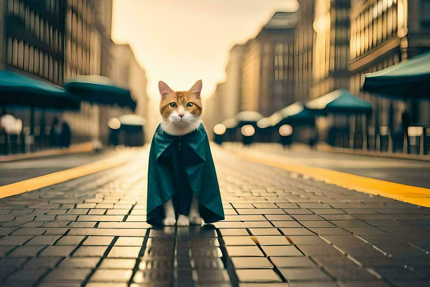 a cat wearing a cape walks down a city street. AI-Generated photo