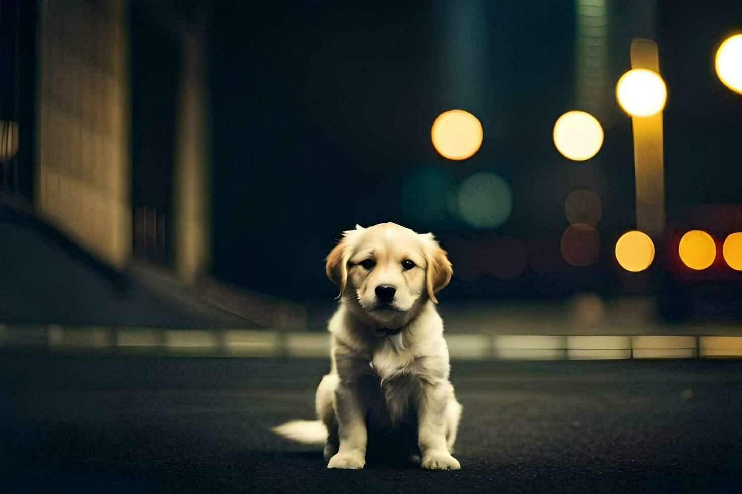 foto fondo de pantalla el noche, cachorro, el ciudad, luces, el ciudad, luces, el ciudad. generado por ai