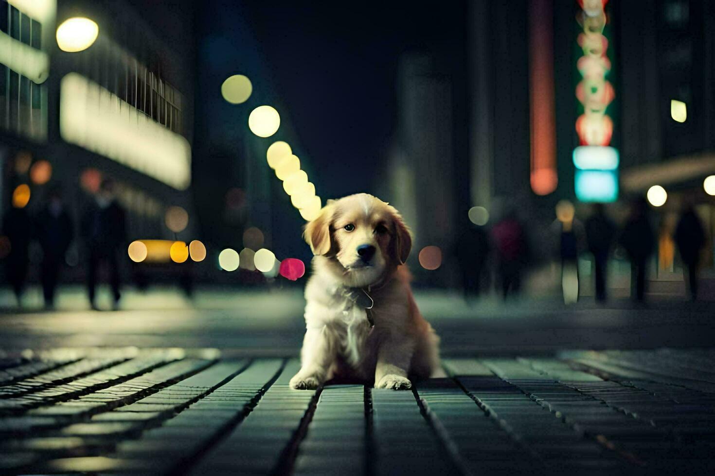 a dog sitting on a brick walkway at night. AI-Generated photo