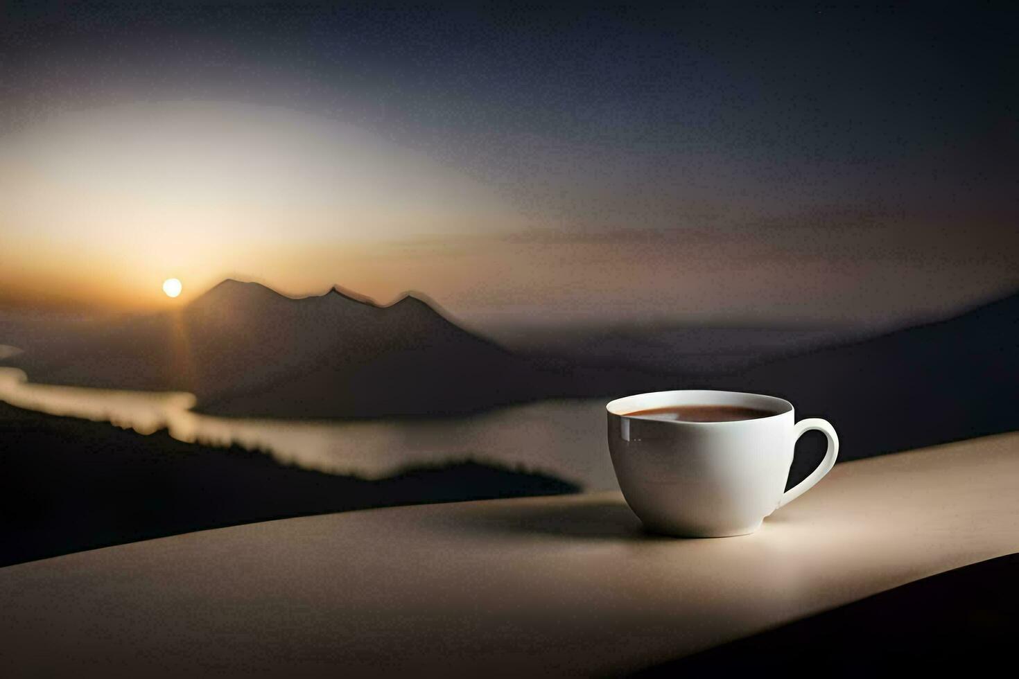 un taza de café en un mesa con vista a un lago y montañas. generado por ai foto