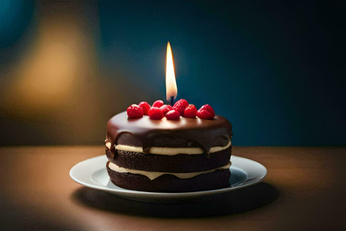 un chocolate pastel con un vela en cima. generado por ai foto