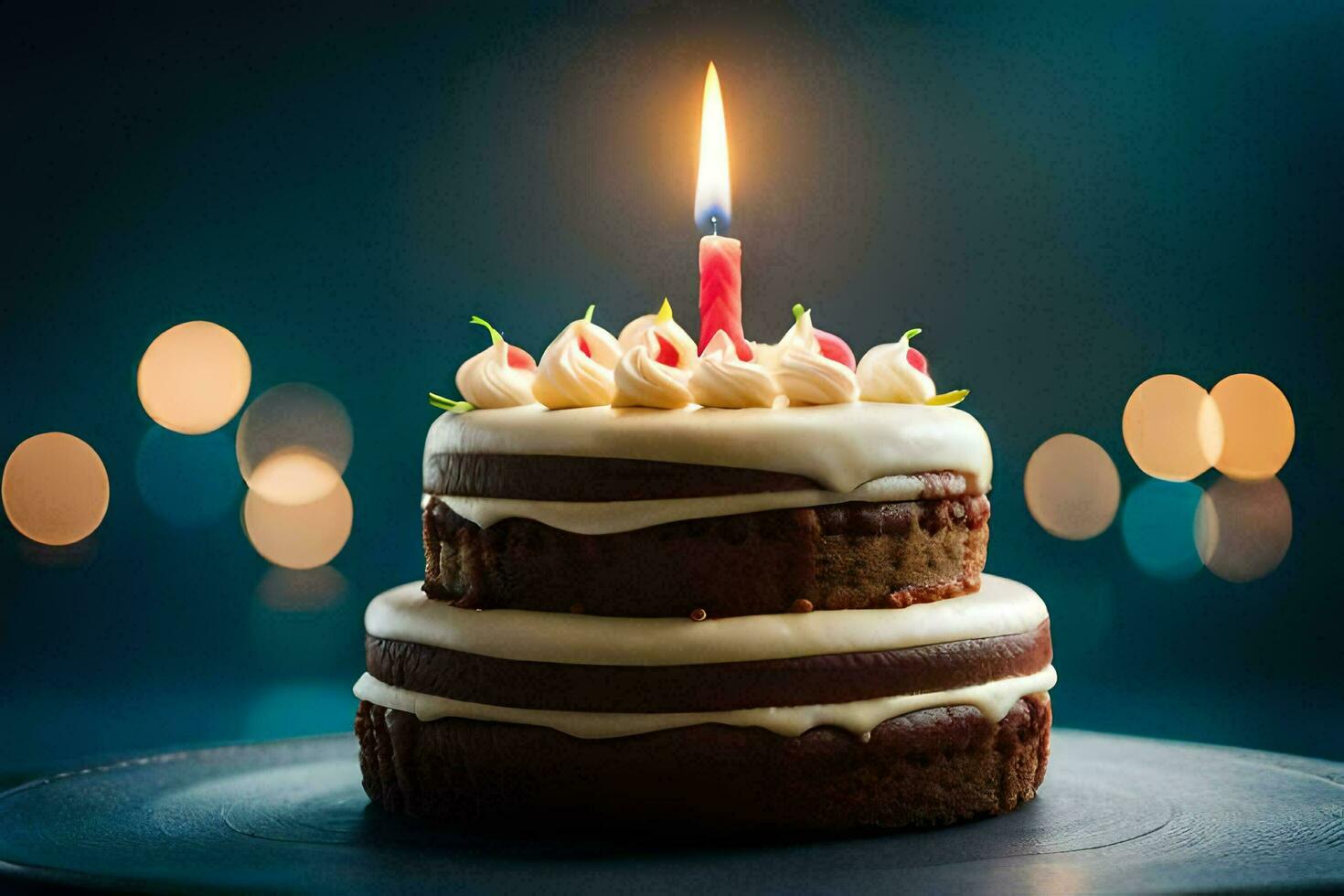 a birthday cake with a lit candle. AI-Generated photo