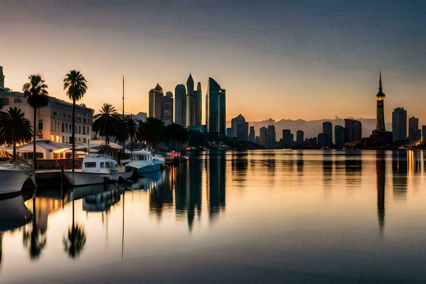 el ciudad horizonte es reflejado en el agua a puesta de sol. generado por ai foto