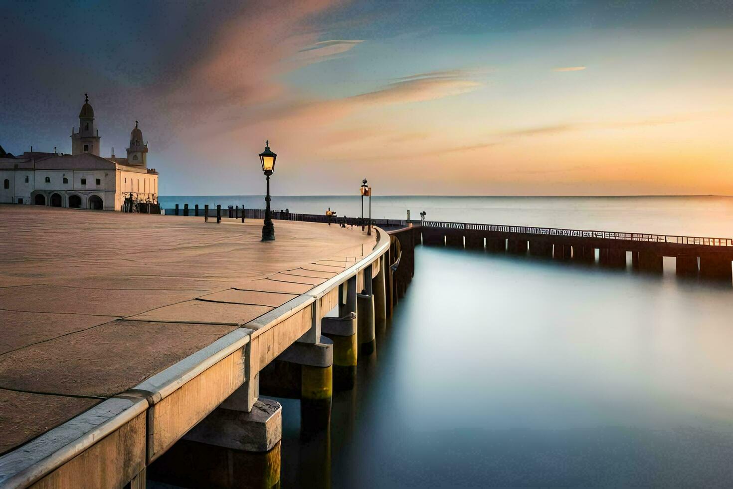 a pier with a church and a lighthouse at sunset. AI-Generated photo