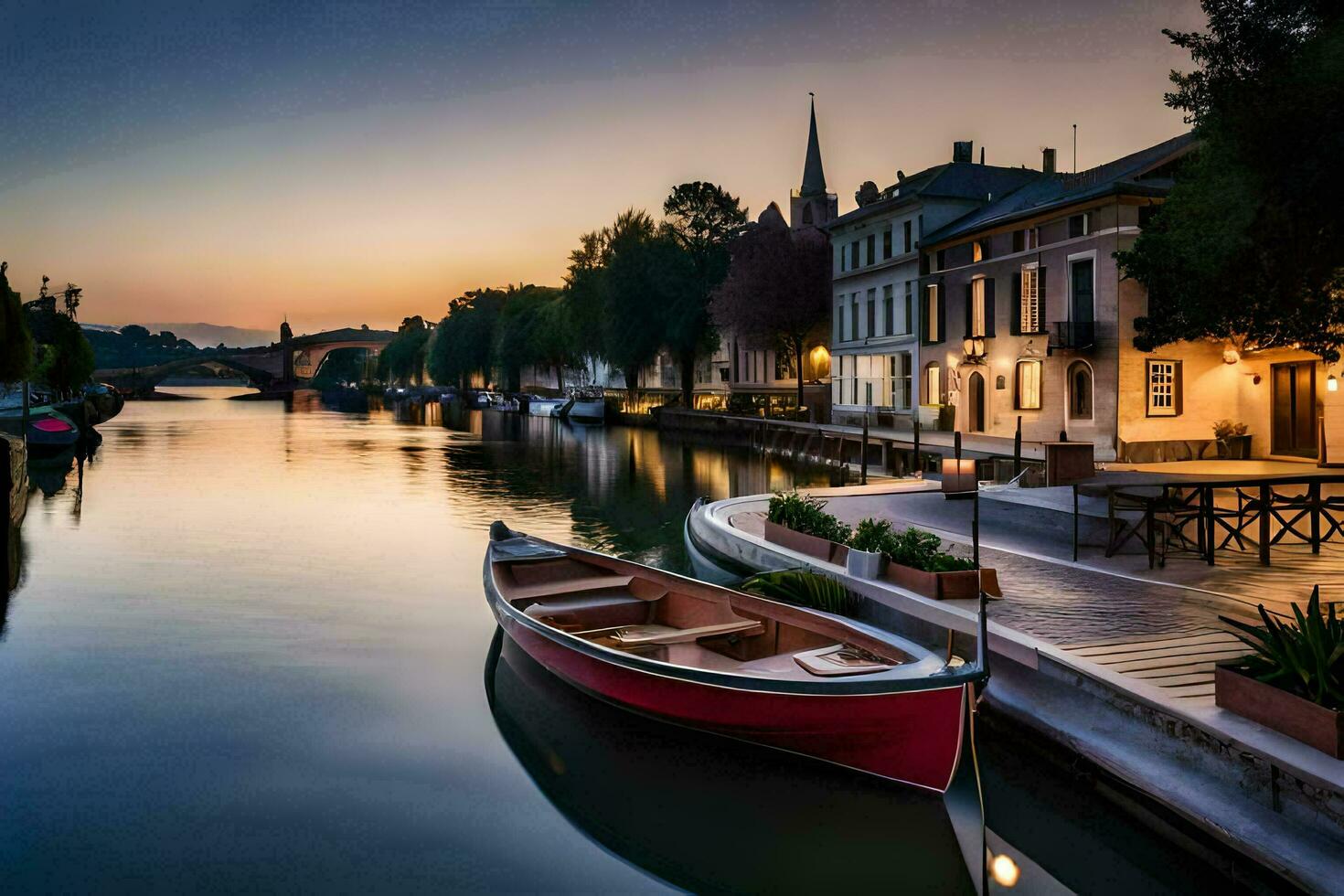 a boat sits on the water at sunset in a city. AI-Generated photo