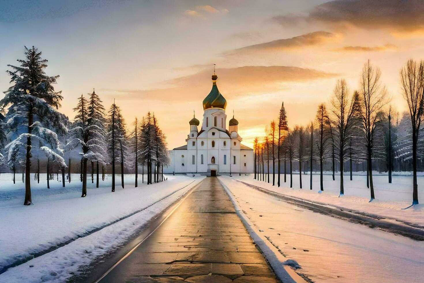 a church in the snow with trees and snow. AI-Generated photo