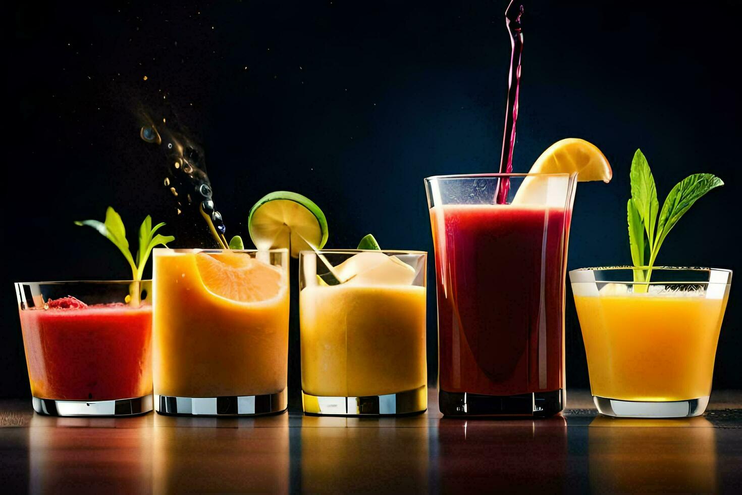 a group of different drinks being poured into glasses. AI-Generated photo