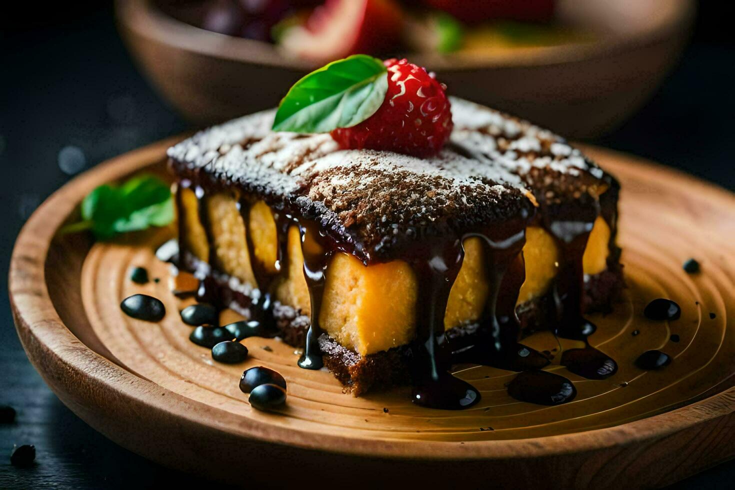 a piece of cake with syrup and berries on a wooden plate. AI-Generated photo