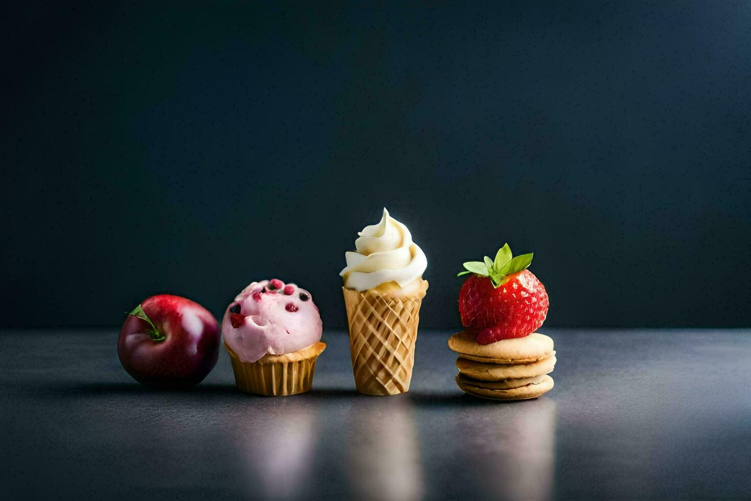 three ice cream cones with strawberries and an apple. AI-Generated photo