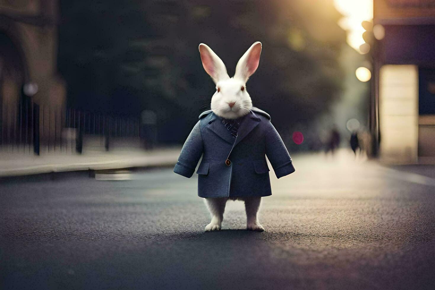 un Conejo vestido en un traje y Corbata en pie en el calle. generado por ai foto