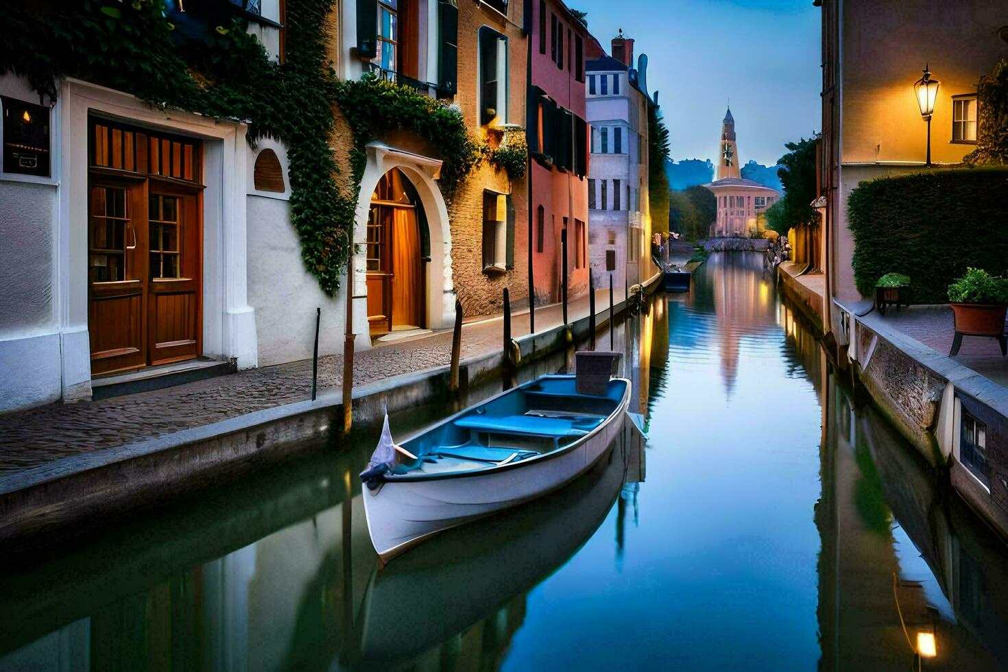 a boat is docked in a narrow canal at night. AI-Generated photo