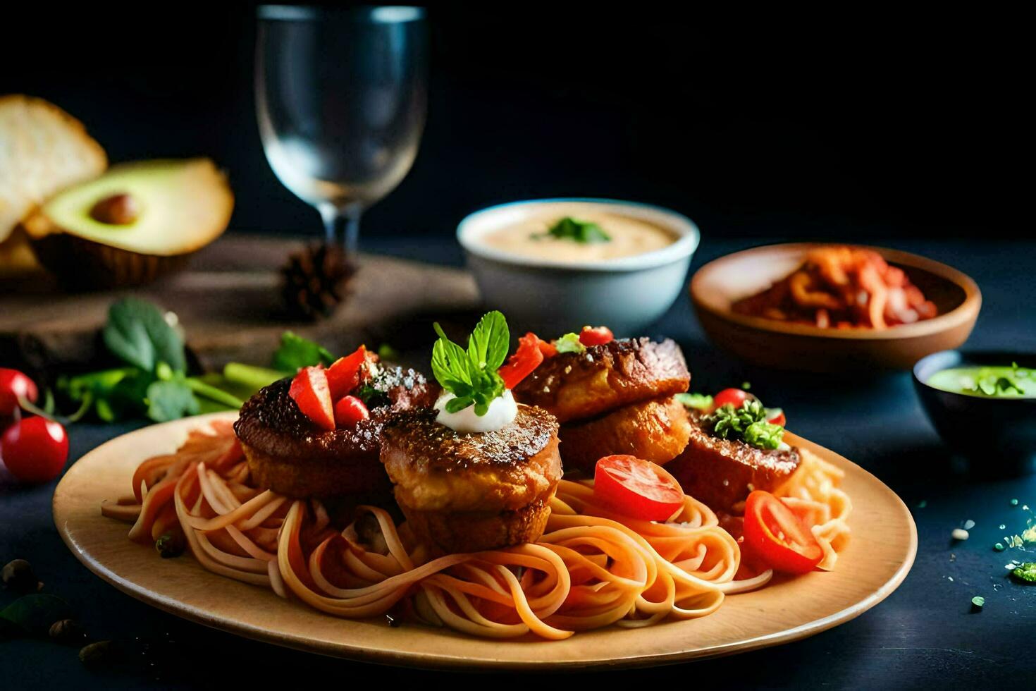 a plate of spaghetti with meat and vegetables. AI-Generated photo