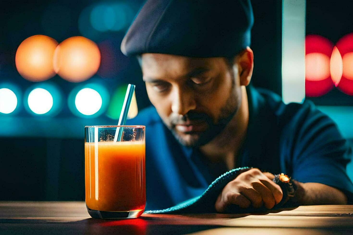 un hombre sentado a un mesa con un vaso de naranja jugo. generado por ai foto