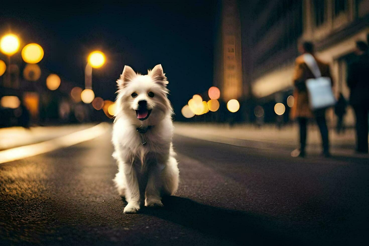 a white dog sitting on the street at night. AI-Generated photo