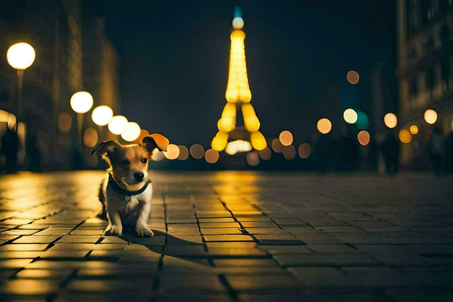 a dog standing in front of the eiffel tower at night. AI-Generated photo