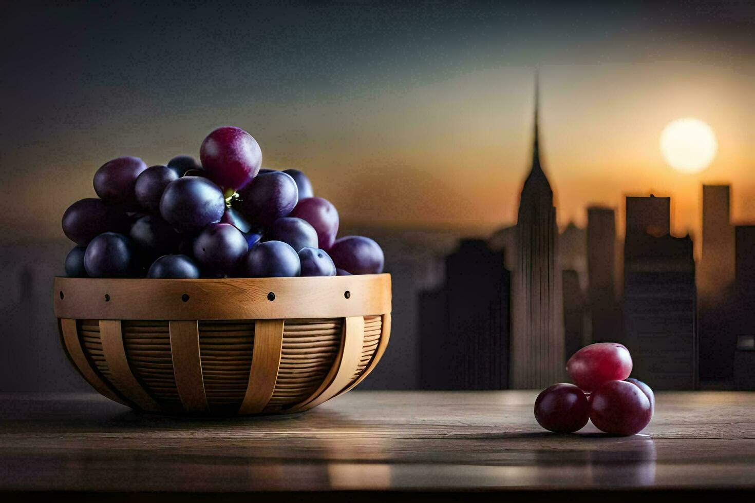 grapes in a basket on a table with cityscape in the background. AI-Generated photo