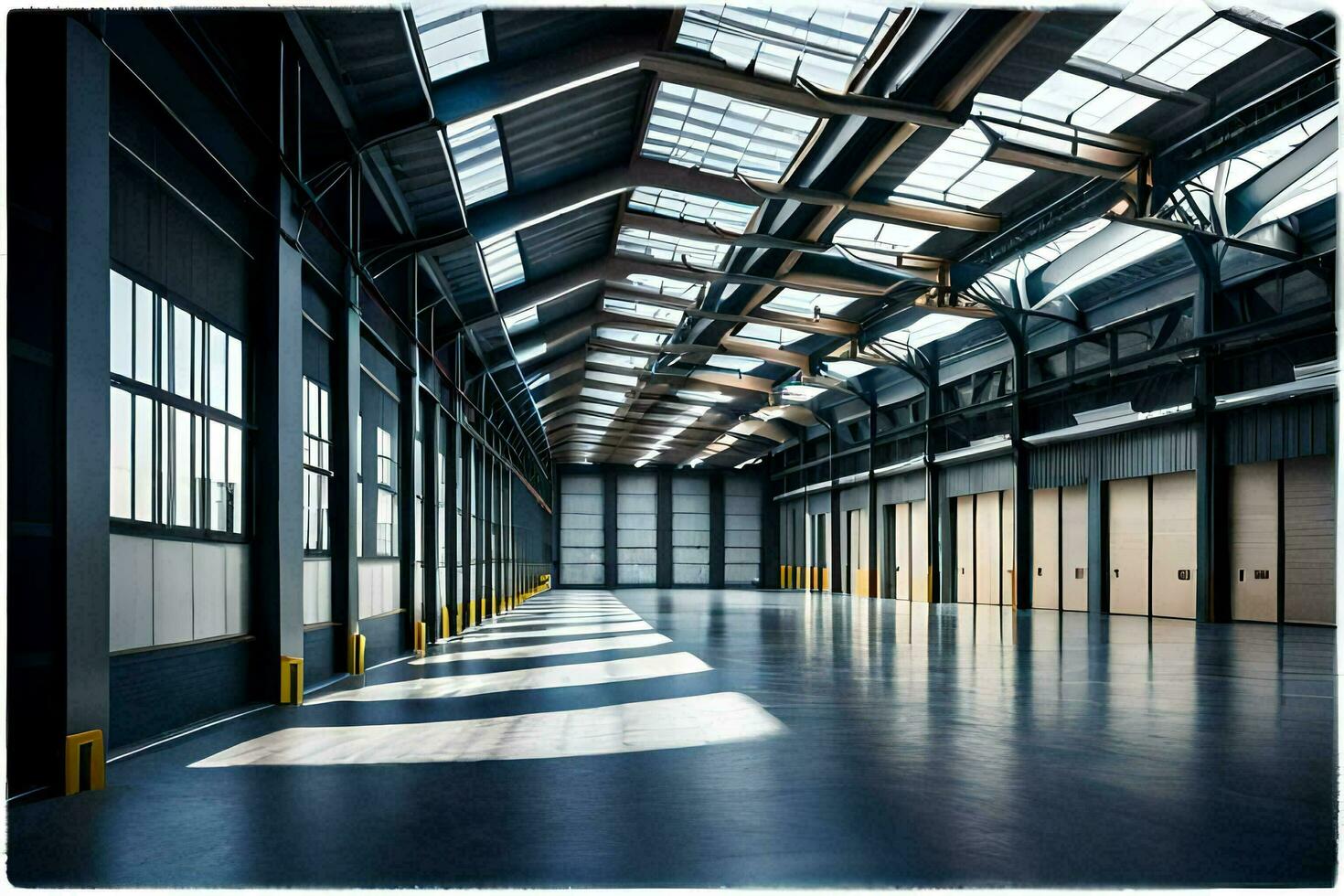 a large warehouse with lots of windows and doors. AI-Generated photo