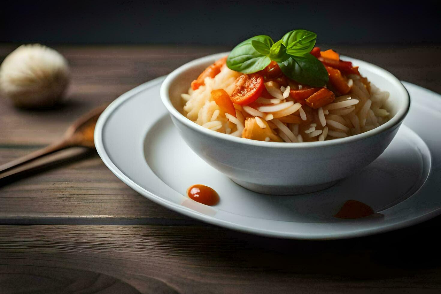 a plate of rice with tomato sauce and basil leaves. AI-Generated photo